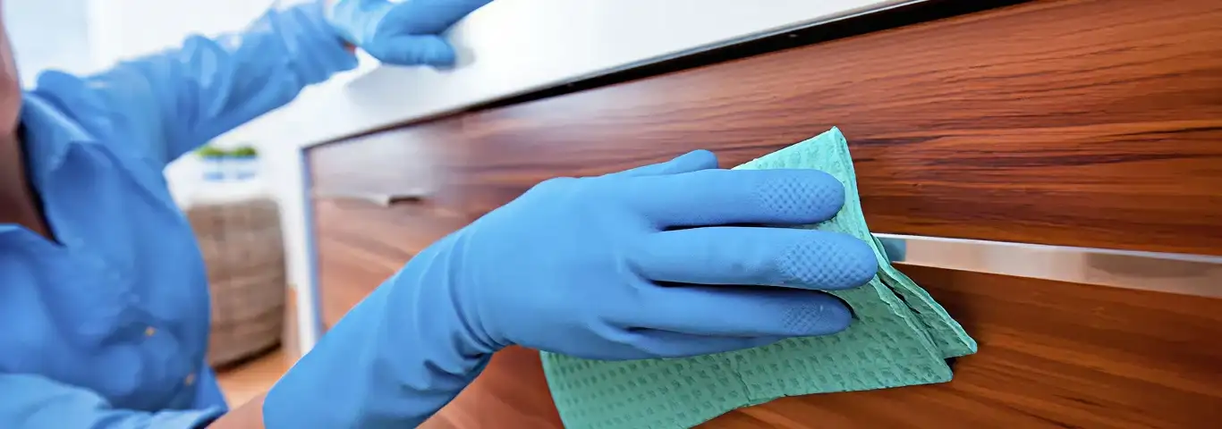 Cleaner wearing blue gloves wiping a wooden cabinet drawer with a microfiber cloth for dust and grime removal, Hialeah, FL.