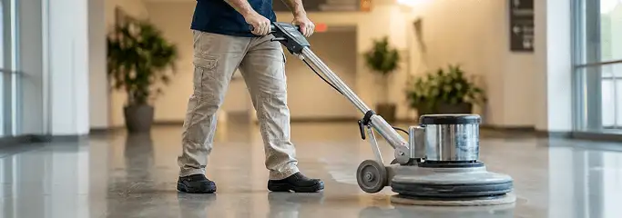 Professional technician using an industrial floor buffer to polish and maintain shiny commercial flooring in a corporate hallway in Hialeah, FL.