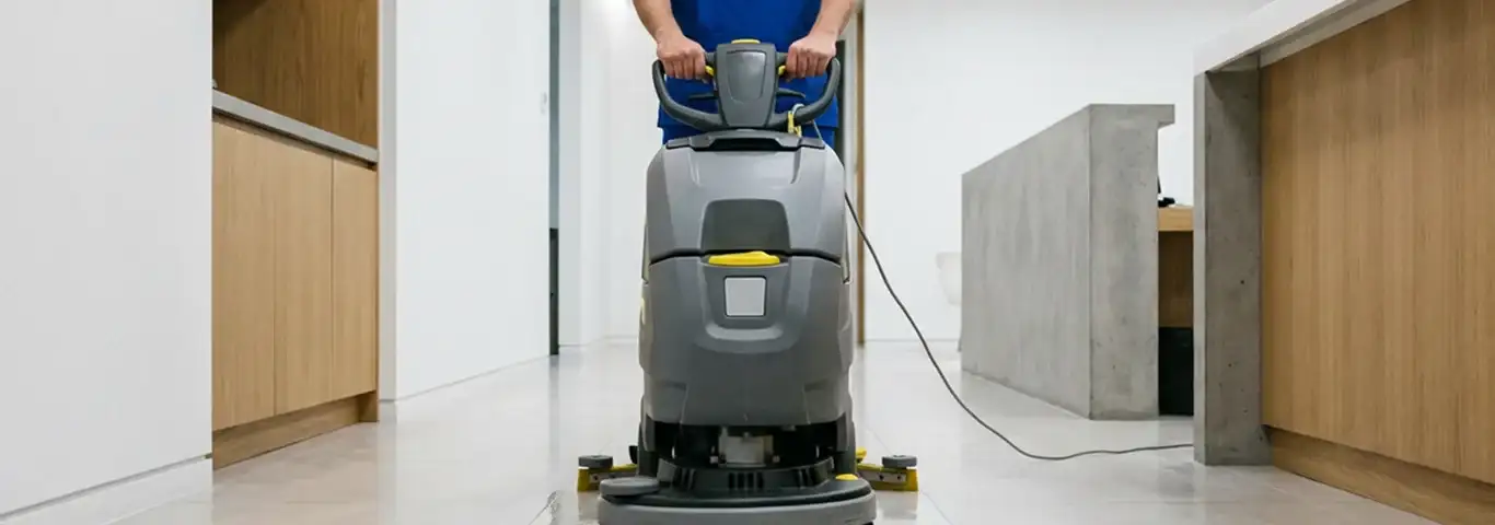 Janitorial staff using a floor scrubber machine to clean a commercial hallway, Hialeah, FL.
