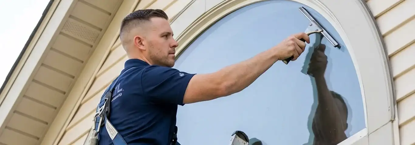 Professional window cleaner using a squeegee to clean an exterior arched window on a home, Hialeah, FL.