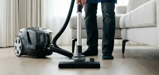 Professional house cleaner vacuuming a living room floor with a canister vacuum cleaner, Hialeah, FL.