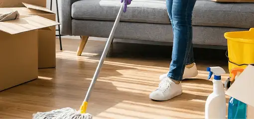 Move-out cleaning setup with a cleaner mopping hardwood floors near moving boxes and cleaning supplies, Hialeah, FL.