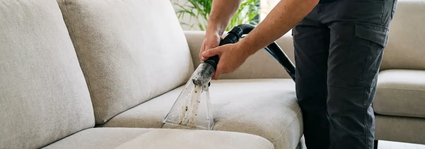 Technician extracting dirt and moisture from a fabric sofa with an upholstery cleaning wand, Hialeah, FL.