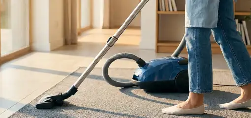 Person vacuuming a living room rug with a canister vacuum cleaner near large windows, Hialeah, FL.